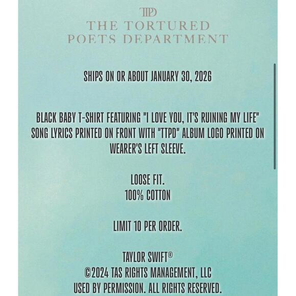 Taylor Swift TTPD I Love You It’s Ruining My Life Loose Baby Tee XL - Picture 4 of 6